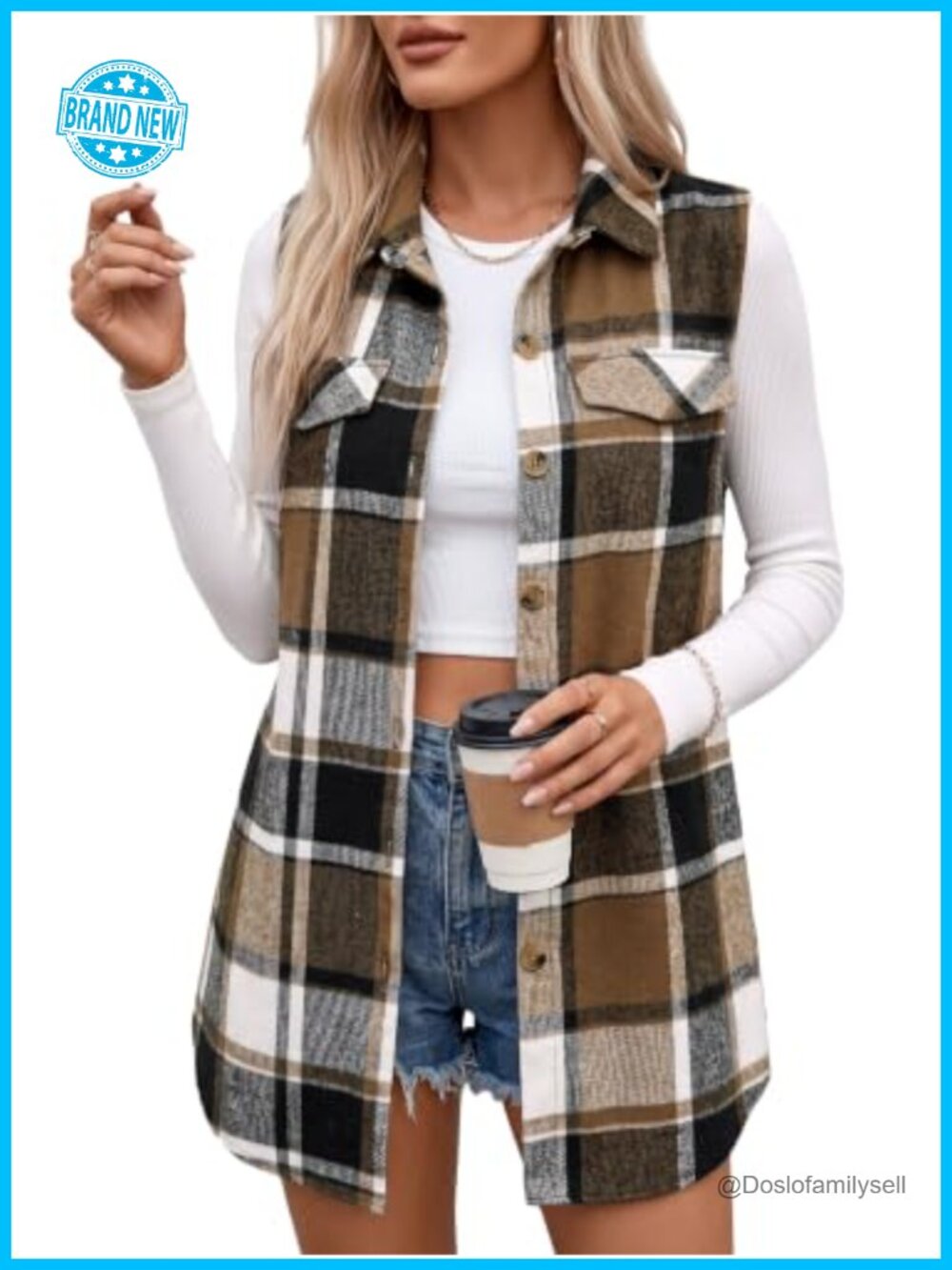 Plaid Flannel Vest Sleeveless Lined Button Front Pockets Fall Winter